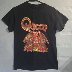 Queen Band T-Shirt Mens Black Distressed Crest Logo Graphic Rock Tee Small